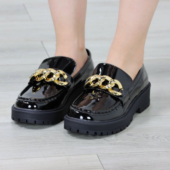 Womens Chunky Penny Loafer Lug Sole Slip On Platform Black Patent Gold Chain - Picture 3 of 15